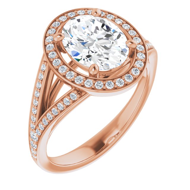10K Rose Gold Customizable Cathedral-Halo Oval Cut Style featuring Split-Shared Prong Band