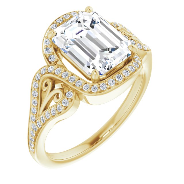 10K Yellow Gold Customizable Emerald/Radiant Cut Design with Bypass Halo and Split-Shared Prong Band