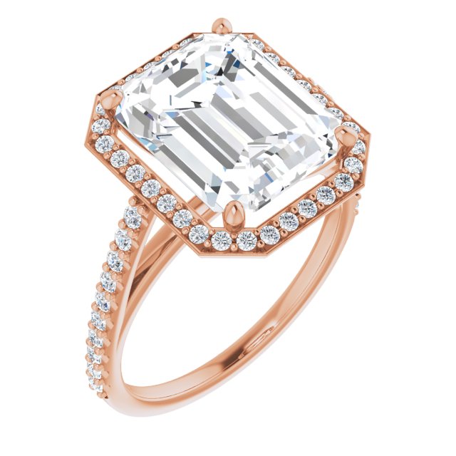 10K Rose Gold Customizable Emerald/Radiant Cut Design with Halo and Thin Pavé Band