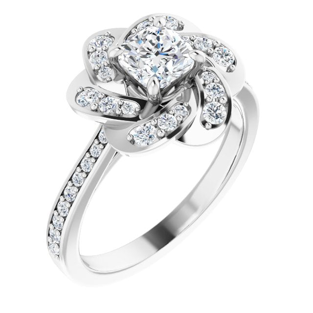 10K White Gold Customizable Cathedral-raised Cushion Cut Design with Floral/Knot Halo and Thin Accented Band