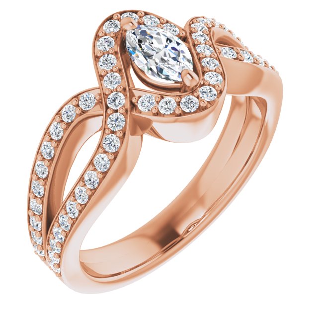 10K Rose Gold Customizable Marquise Cut Center with Infinity-inspired Split Shared Prong Band and Bypass Halo