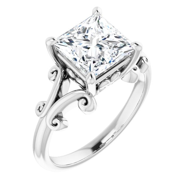 Cubic Zirconia Engagement Ring- The Paisley (Customizable Princess/Square Cut Solitaire with Band Flourish and Decorative Trellis)