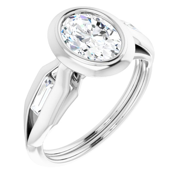 Cubic Zirconia Engagement Ring- The Claudelle (Customizable Bezel-set Oval Cut Design with Wide Split Band & Tension-Channel Baguette Accents)