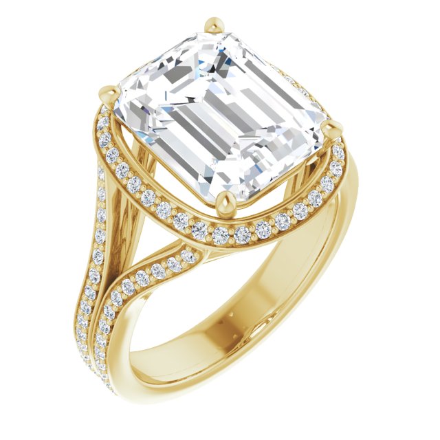 10K Yellow Gold Customizable Cathedral-raised Emerald/Radiant Cut Setting with Halo and Shared Prong Band