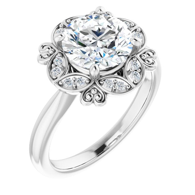 14K White Gold Customizable Round Cut Design with Floral Segmented Halo & Sculptural Basket