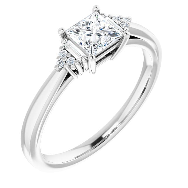 10K White Gold Customizable 9-stone Design with Princess/Square Cut Center, Side Baguettes and Tri-Cluster Round Accents
