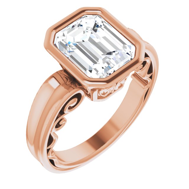 10K Rose Gold Customizable Bezel-set Emerald/Radiant Cut Solitaire with Wide 3-sided Band