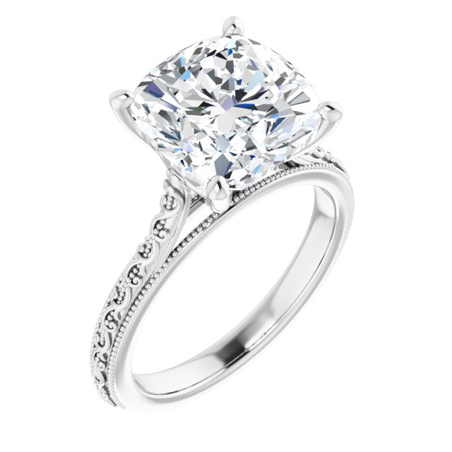 10K White Gold Customizable Cushion Cut Solitaire with Delicate Milgrain Filigree Band