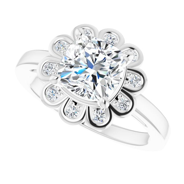 Cubic Zirconia Engagement Ring- The Mary Lou (Customizable 9-stone Cushion Cut Design with Round Bezel Side Stones)