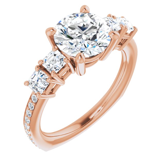 14K Rose Gold Customizable Round Cut 5-stone Style with Quad Round Accents plus Shared Prong Band