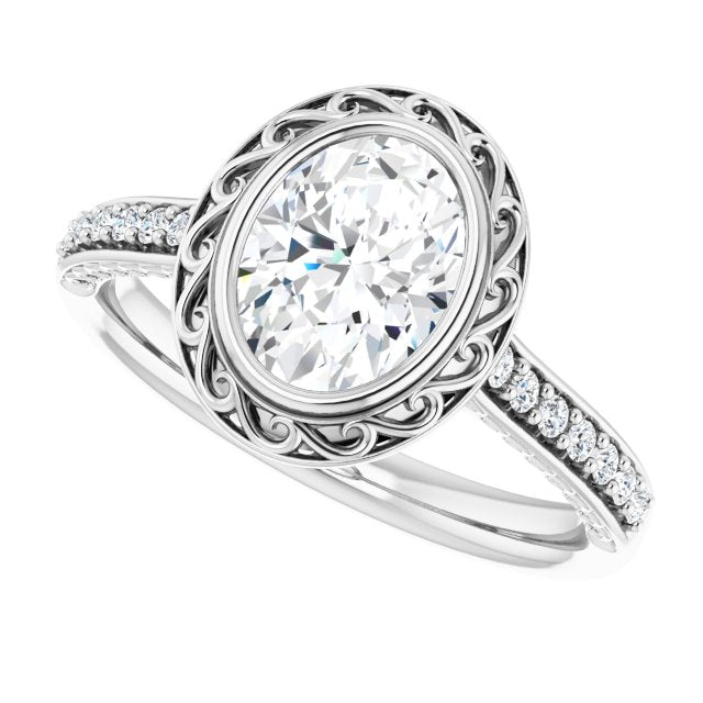 Cubic Zirconia Engagement Ring- The Itzayana (Customizable Cathedral-Bezel Oval Cut Design featuring Accented Band with Filigree Inlay)