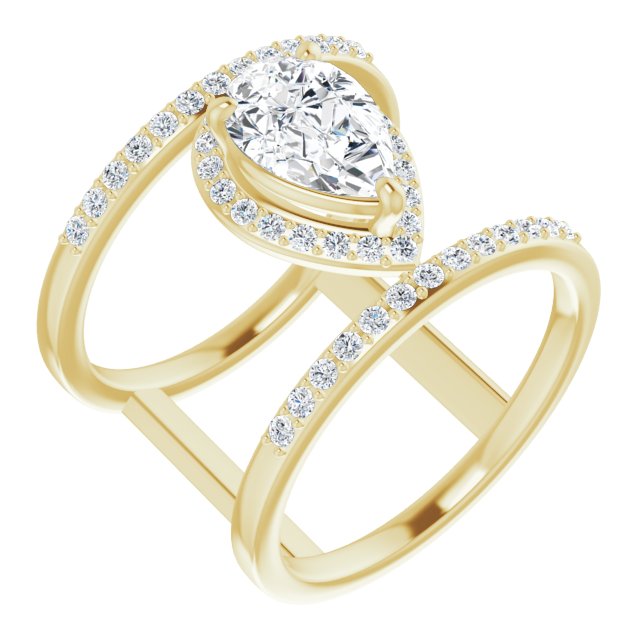 10K Yellow Gold Customizable Pear Cut Halo Design with Open, Ultrawide Harness Double Pavé Band