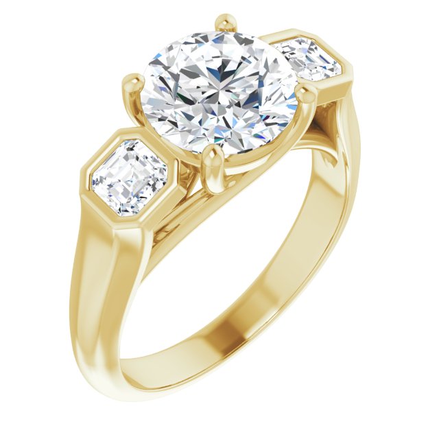 14K Yellow Gold Customizable 3-stone Cathedral Round Cut Design with Twin Asscher Cut Side Stones