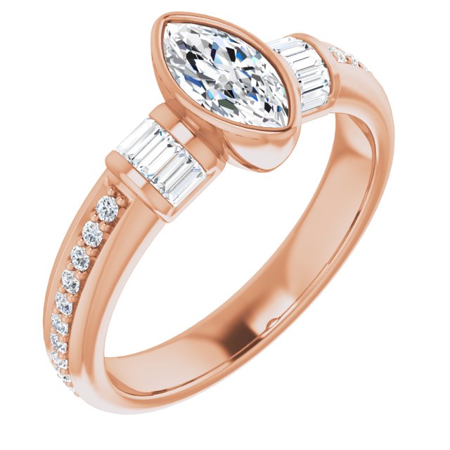 10K Rose Gold Customizable Cathedral-Bezel Marquise Cut Style with Horizontal Baguettes & Shared Prong Band
