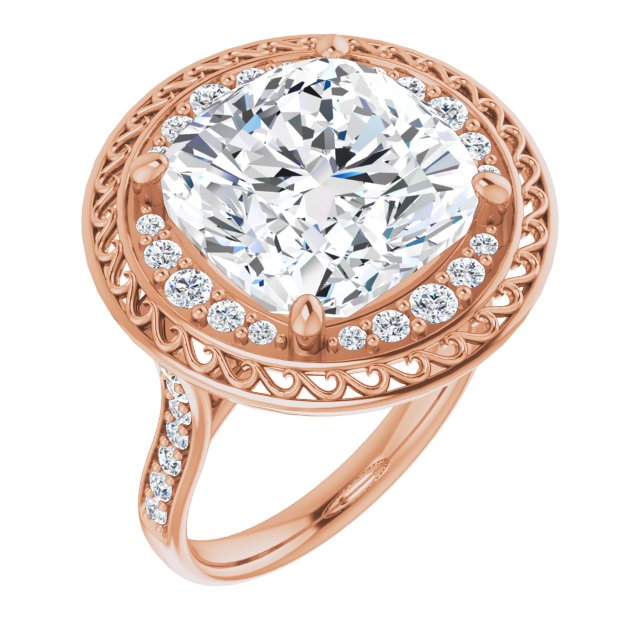 10K Rose Gold Customizable Cathedral-style Cushion Cut featuring Cluster Accented Filigree Setting & Shared Prong Band