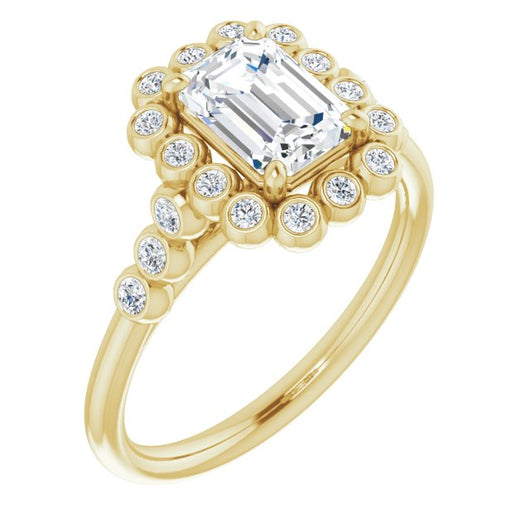 10K Yellow Gold Customizable Emerald/Radiant Cut Cathedral-Style Clustered Halo Design with Round Bezel Accents