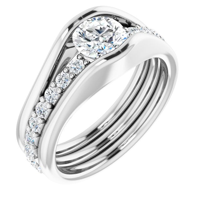 10K White Gold Customizable Bezel-set Round Cut Style with Thick Pavé Band
