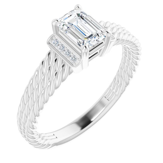 10K White Gold Customizable 11-stone Design featuring Emerald/Radiant Cut Center, Vertical Round-Channel Accents & Wide Triple-Rope Band