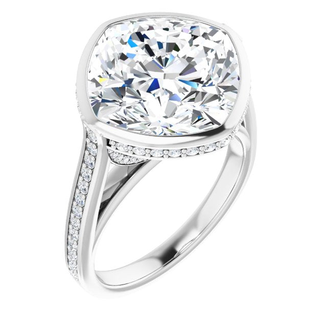 10K White Gold Customizable Cathedral-Bezel Cushion Cut Design with Under Halo and Shared Prong Band