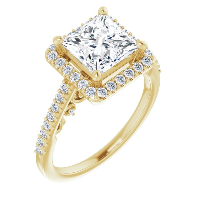 10K Yellow Gold Customizable Cathedral-Halo Princess/Square Cut Design with Carved Metal Accent plus Pavé Band