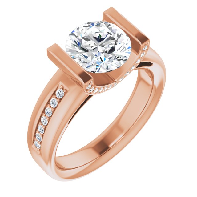 18K Rose Gold Customizable Cathedral-Bar Round Cut Design featuring Shared Prong Band and Prong Accents