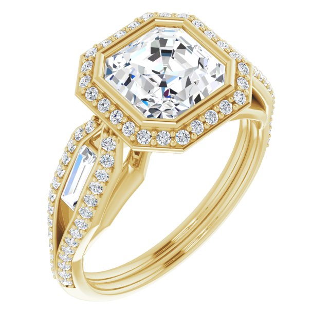Cubic Zirconia Engagement Ring- The Alekhya (Customizable Cathedral-Bezel Asscher Cut Design with Halo, Split-Pavé Band & Channel Baguettes)