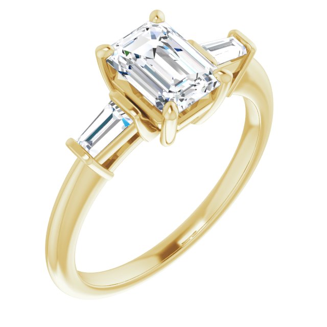 10K Yellow Gold Customizable 3-stone Emerald/Radiant Cut Design with Dual Baguette Accents)