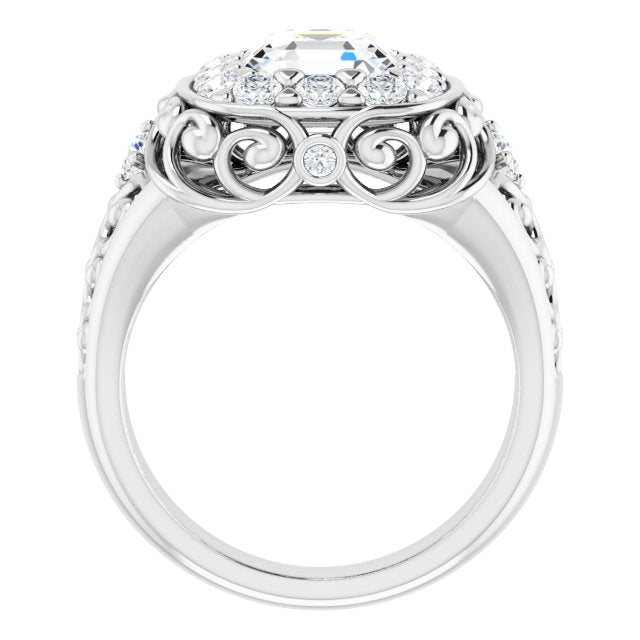 Cubic Zirconia Engagement Ring- The Vanessa (Customizable Asscher Cut Halo Style with Round Prong Side Stones and Intricate Metalwork)