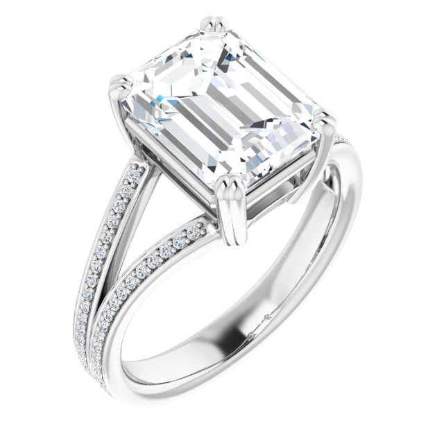 10K White Gold Customizable Emerald/Radiant Cut Center with 100-stone* "Waterfall" Pavé Split Band