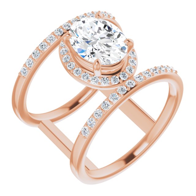 10K Rose Gold Customizable Oval Cut Halo Design with Open, Ultrawide Harness Double Pavé Band