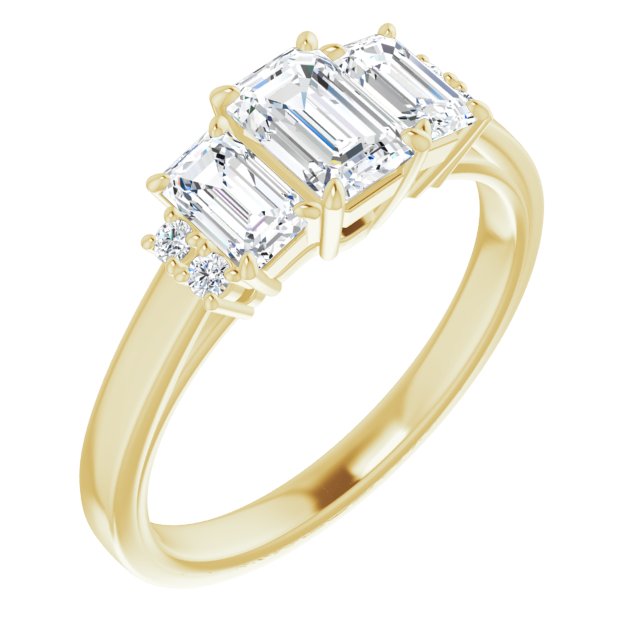 10K Yellow Gold Customizable Triple Emerald/Radiant Cut Design with Quad Vertical-Oriented Round Accents