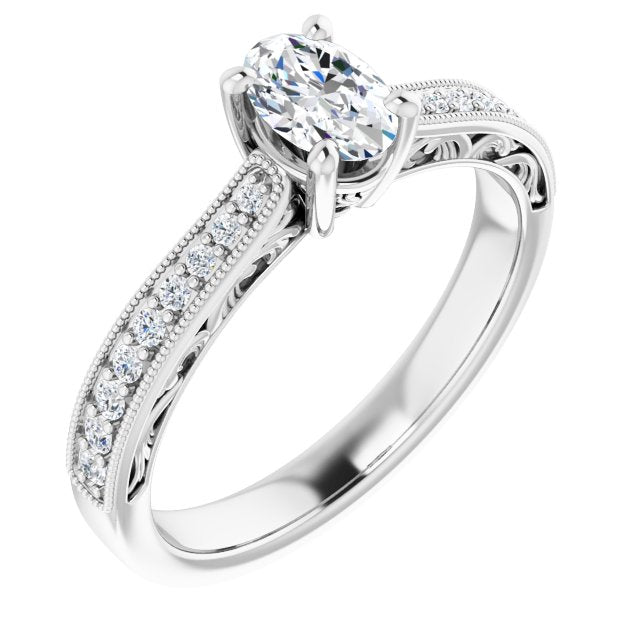 10K White Gold Customizable Oval Cut Design with Round Band Accents and Three-sided Filigree Engraving