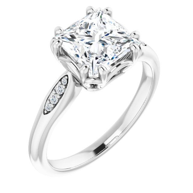 10K White Gold Customizable 9-stone Princess/Square Cut Design with 8-prong Decorative Basket & Round Cut Side Stones
