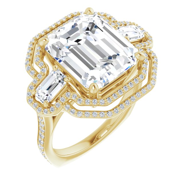 10K Yellow Gold Customizable Enhanced 3-stone Style with Emerald/Radiant Cut Center, Emerald Cut Accents, Double Halo and Thin Shared Prong Band