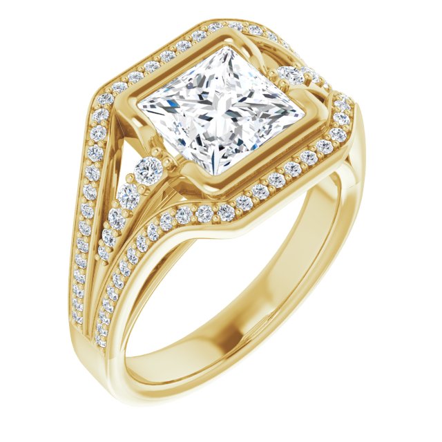 10K Yellow Gold Customizable Cathedral-Bezel Princess/Square Cut Design with Wide Triple-Split-Pavé Band