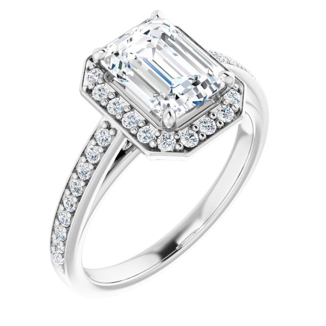 Cubic Zirconia Engagement Ring- The Farrah Michelle (Customizable Emerald Cut Style with Halo and Sculptural Trellis)