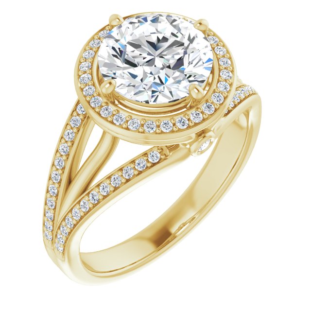18K Yellow Gold Customizable High-set Round Cut Design with Halo, Wide Tri-Split Shared Prong Band and Round Bezel Peekaboo Accents