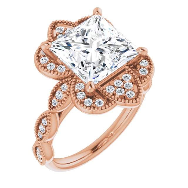 10K Rose Gold Customizable Cathedral-style Princess/Square Cut Design with Floral Segmented Halo & Milgrain+Accents Band