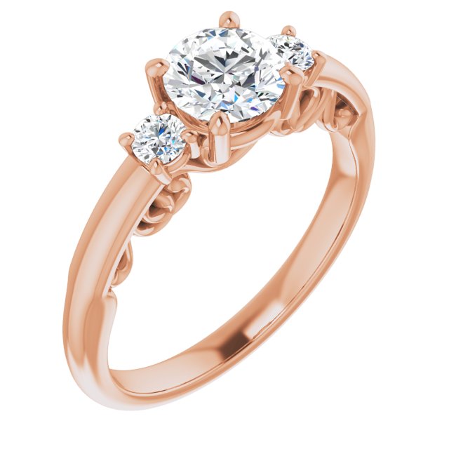 10K Rose Gold Customizable Round Cut 3-stone Style featuring Heart-Motif Band Enhancement