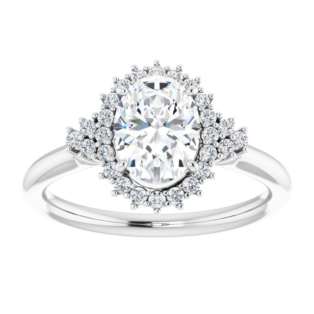 Cubic Zirconia Engagement Ring- The Winter (Customizable Oval Cut Cathedral-Halo Design with Tri-Cluster Round Accents)