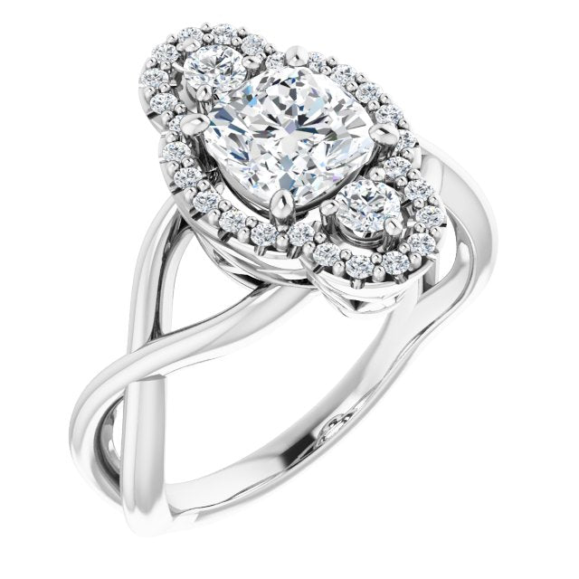 10K White Gold Customizable Vertical 3-stone Cushion Cut Design Enhanced with Multi-Halo Accents and Twisted Band