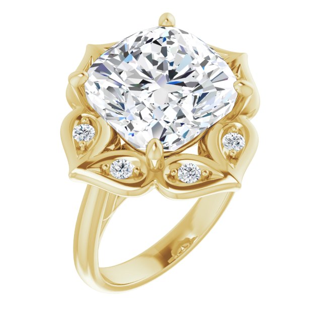 10K Yellow Gold Customizable Cathedral-raised Cushion Cut Design with Star Halo & Round-Bezel Peekaboo Accents