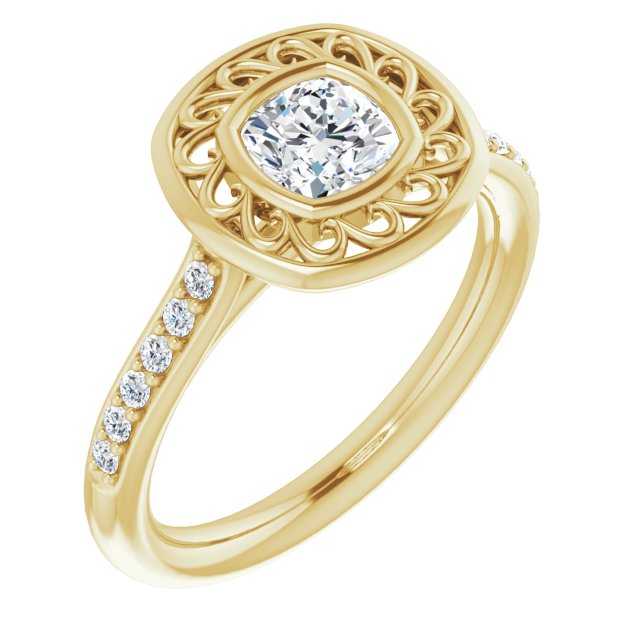 10K Yellow Gold Customizable Cathedral-Bezel Cushion Cut Design with Floral Filigree and Thin Shared Prong Band