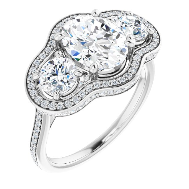 10K White Gold Customizable 3-stone Oval Cut Design with Multi-Halo Enhancement and 150+-stone Pavé Band