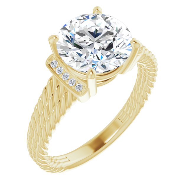 14K Yellow Gold Customizable 11-stone Design featuring Round Cut Center, Vertical Round-Channel Accents & Wide Triple-Rope Band
