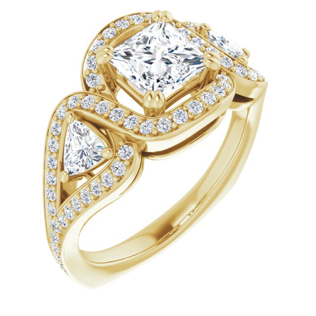 10K Yellow Gold Customizable Princess/Square Cut Center with Twin Trillion Accents, Twisting Shared Prong Split Band, and Halo