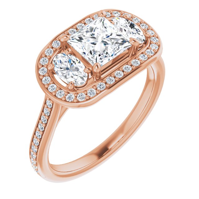 10K Rose Gold Customizable Princess/Square Cut Style with Oval Cut Accents, 3-stone Halo & Thin Shared Prong Band