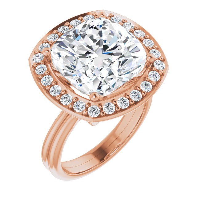 10K Rose Gold Customizable Cluster-Halo Accented Cushion Cut Style with Tapered Dual Band
