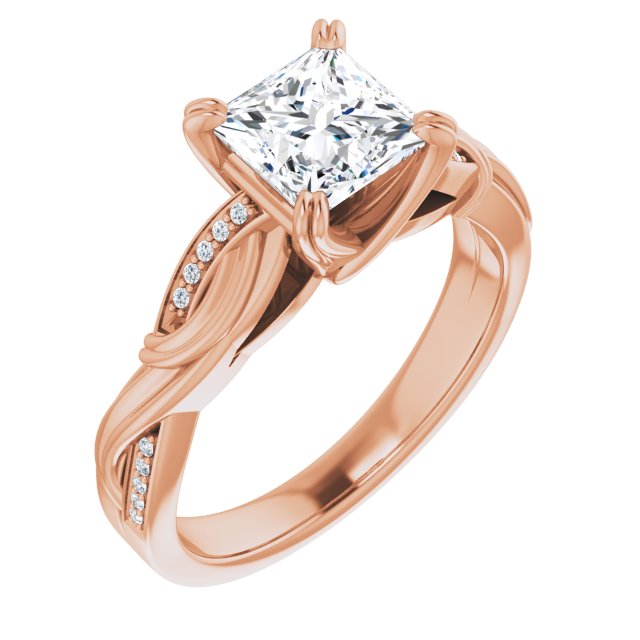 10K Rose Gold Customizable Cathedral-raised Princess/Square Cut Design featuring Rope-Braided Half-Pavé Band