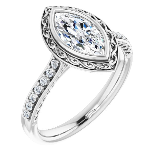 10K White Gold Customizable Cathedral-Bezel Marquise Cut Design featuring Accented Band with Filigree Inlay